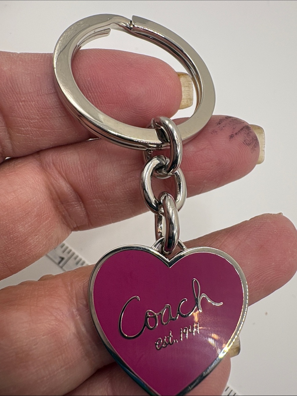 Coach Pink Heart Keyring with Silver Tone Hardware